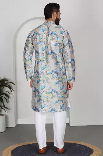Silk blend floral printed blue kurta and pyjamas