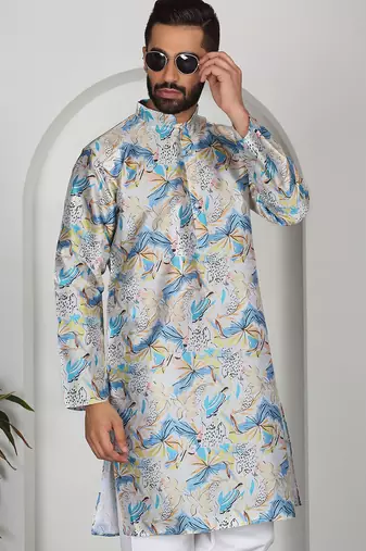 Silk blend floral printed blue kurta and pyjamas