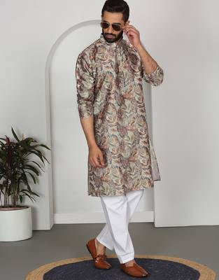 Silk blend floral printed beige kurta and pyjamas 1