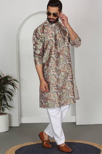 Silk blend floral printed beige kurta and pyjamas