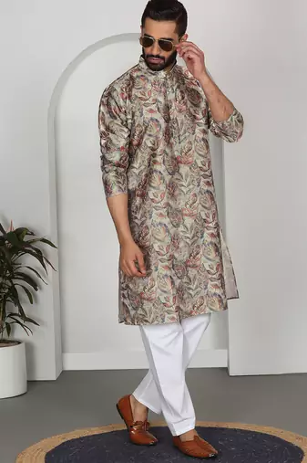 Silk blend floral printed beige kurta and pyjamas