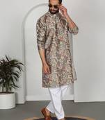 Silk blend floral printed beige kurta and pyjamas