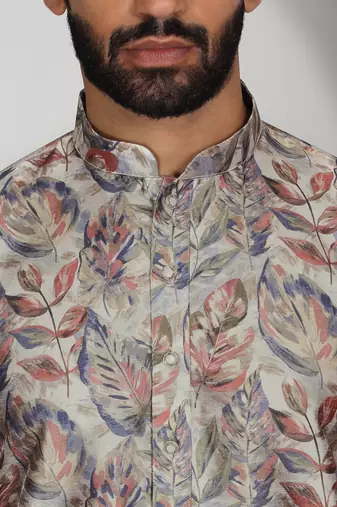 Silk blend floral printed beige kurta and pyjamas