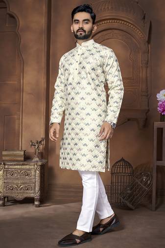 Cream embroidery thread work men's kurta and Pyjamas for Mens