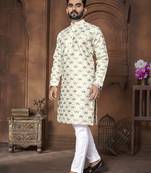 Cream embroidery thread work men's kurta and Pyjamas for Mens