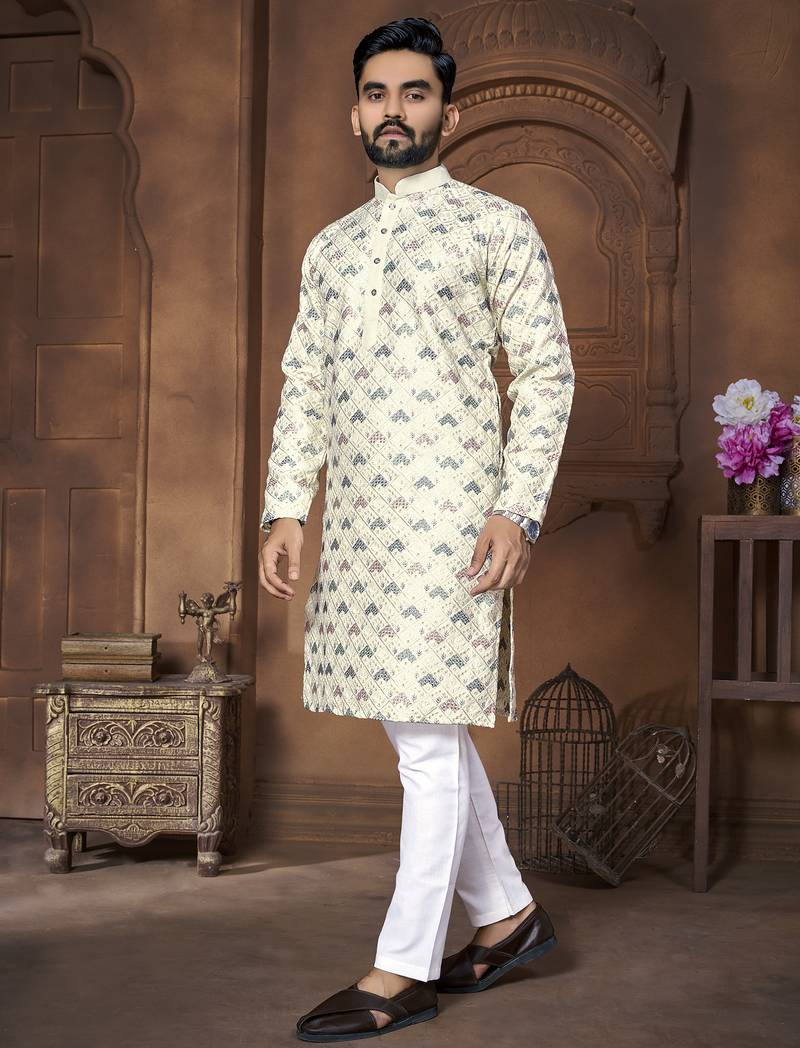 Cream embroidery thread work men's kurta and Pyjamas for Mens