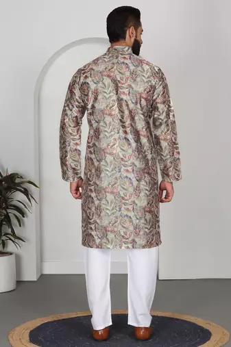 Silk blend floral printed beige kurta and pyjamas