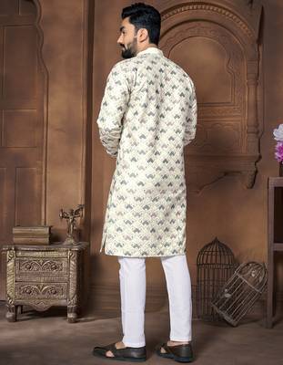 Cream embroidery thread work men's kurta and Pyjamas for Mens 2