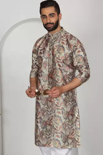 Silk blend floral printed beige kurta and pyjamas
