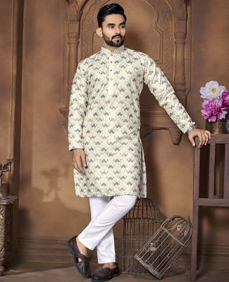 Cream embroidery thread work men's kurta and Pyjamas for Mens 3