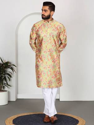 Silk blend floral printed lime yellow kurta and pyjamas 1