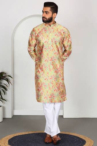 Silk blend floral printed lime yellow kurta and pyjamas