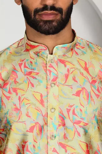 Silk blend floral printed lime yellow kurta and pyjamas