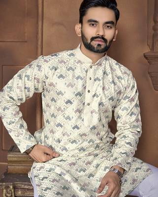Cream embroidery thread work men's kurta and Pyjamas for Mens 4