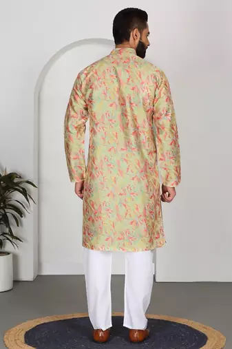 Silk blend floral printed lime yellow kurta and pyjamas