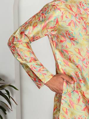 Silk blend floral printed lime yellow kurta and pyjamas 4