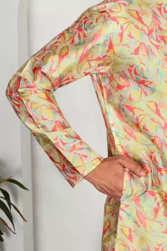 Silk blend floral printed lime yellow kurta and pyjamas