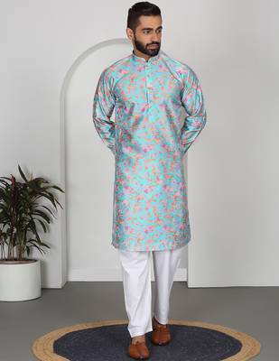 Silk blend floral printed sky blue kurta and pyjamas 1