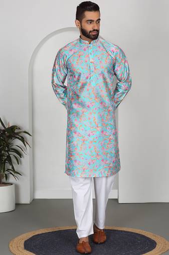 Silk blend floral printed sky blue kurta and pyjamas
