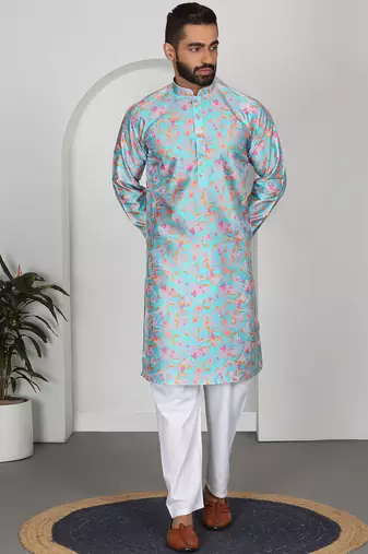 Silk blend floral printed sky blue kurta and pyjamas