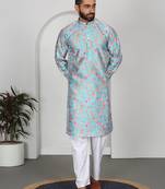 Silk blend floral printed sky blue kurta and pyjamas