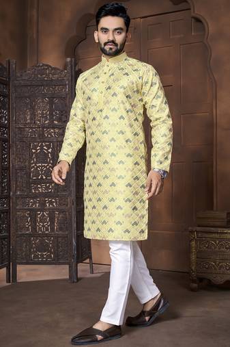 Lemon embroidery thread work men's kurta and Pyjamas for Mens