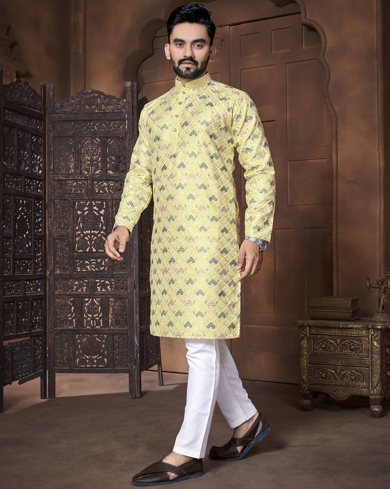 Lemon embroidery thread work men's kurta and Pyjamas for Mens