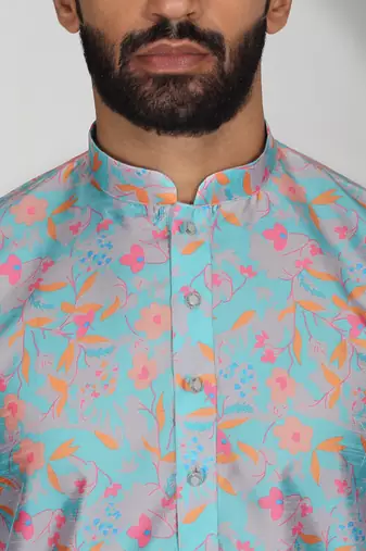 Silk blend floral printed sky blue kurta and pyjamas