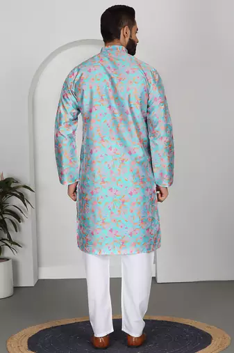 Silk blend floral printed sky blue kurta and pyjamas