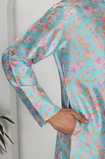 Silk blend floral printed sky blue kurta and pyjamas