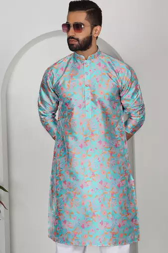 Silk blend floral printed sky blue kurta and pyjamas
