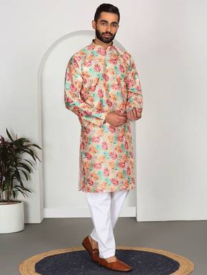 Silk blend floral printed Beige kurta and pyjamas 1