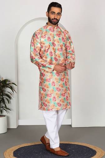 Silk blend floral printed Beige kurta and pyjamas