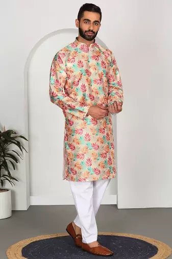 Silk blend floral printed Beige kurta and pyjamas