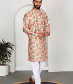 Silk blend floral printed Beige kurta and pyjamas