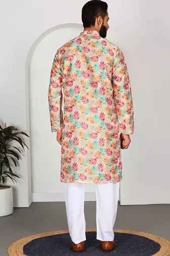 Silk blend floral printed Beige kurta and pyjamas