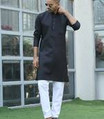 Cotton blend woven self desing black kurta and pyjamas