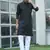 Cotton blend woven self desing black kurta and pyjamas
