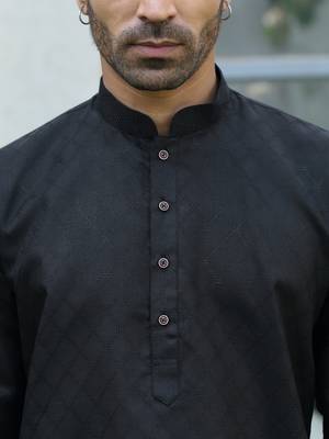 Cotton blend woven self desing black kurta and pyjamas 2
