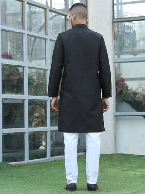 Cotton blend woven self desing black kurta and pyjamas 3