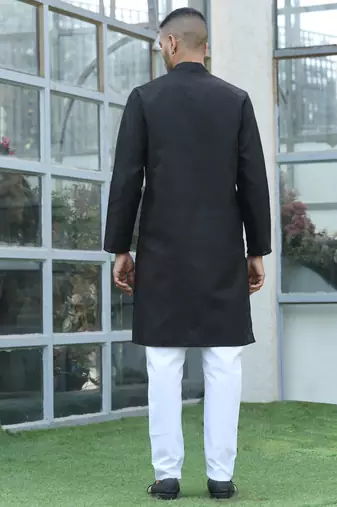Cotton blend woven self desing black kurta and pyjamas