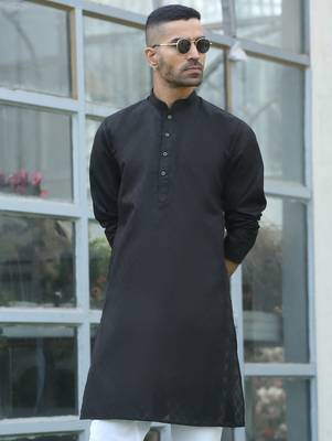 Cotton blend woven self desing black kurta and pyjamas 4