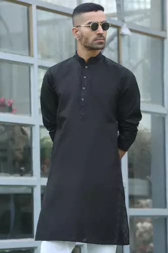 Cotton blend woven self desing black kurta and pyjamas