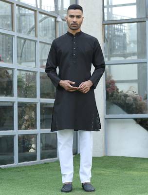 Cotton blend woven self desing black kurta and pyjamas 5