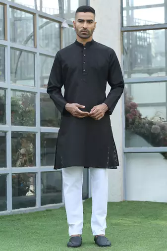 Cotton blend woven self desing black kurta and pyjamas