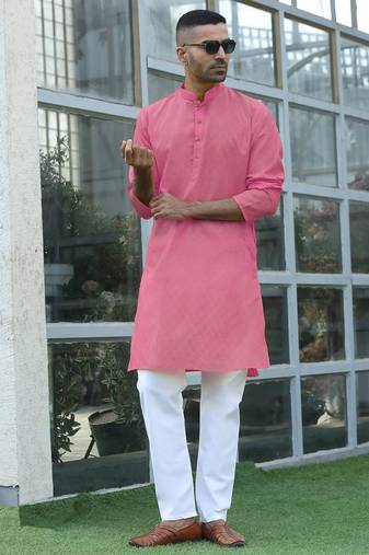 Cotton blend woven self desing pink kurta and pyjamas