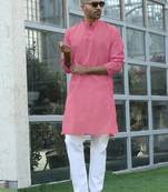 Cotton blend woven self desing pink kurta and pyjamas