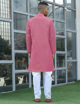 Cotton blend woven self desing pink kurta and pyjamas 3