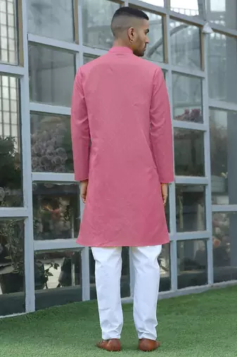 Cotton blend woven self desing pink kurta and pyjamas