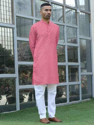 Cotton blend woven self desing pink kurta and pyjamas 4